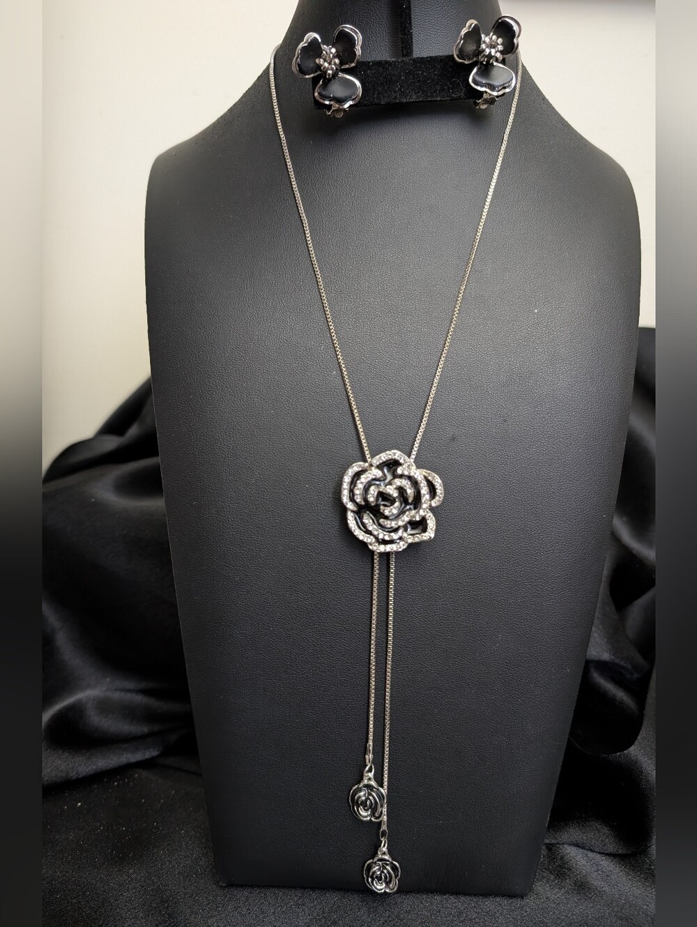 #40. Black Camelia W Cubic Zirconia  Lariet Necklace & Earrings